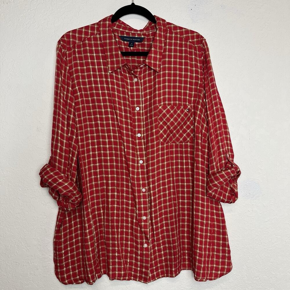 Tommy Hilfiger Red Checkered Shirt Size 2X, long sleeve, Roll tab sleeve.